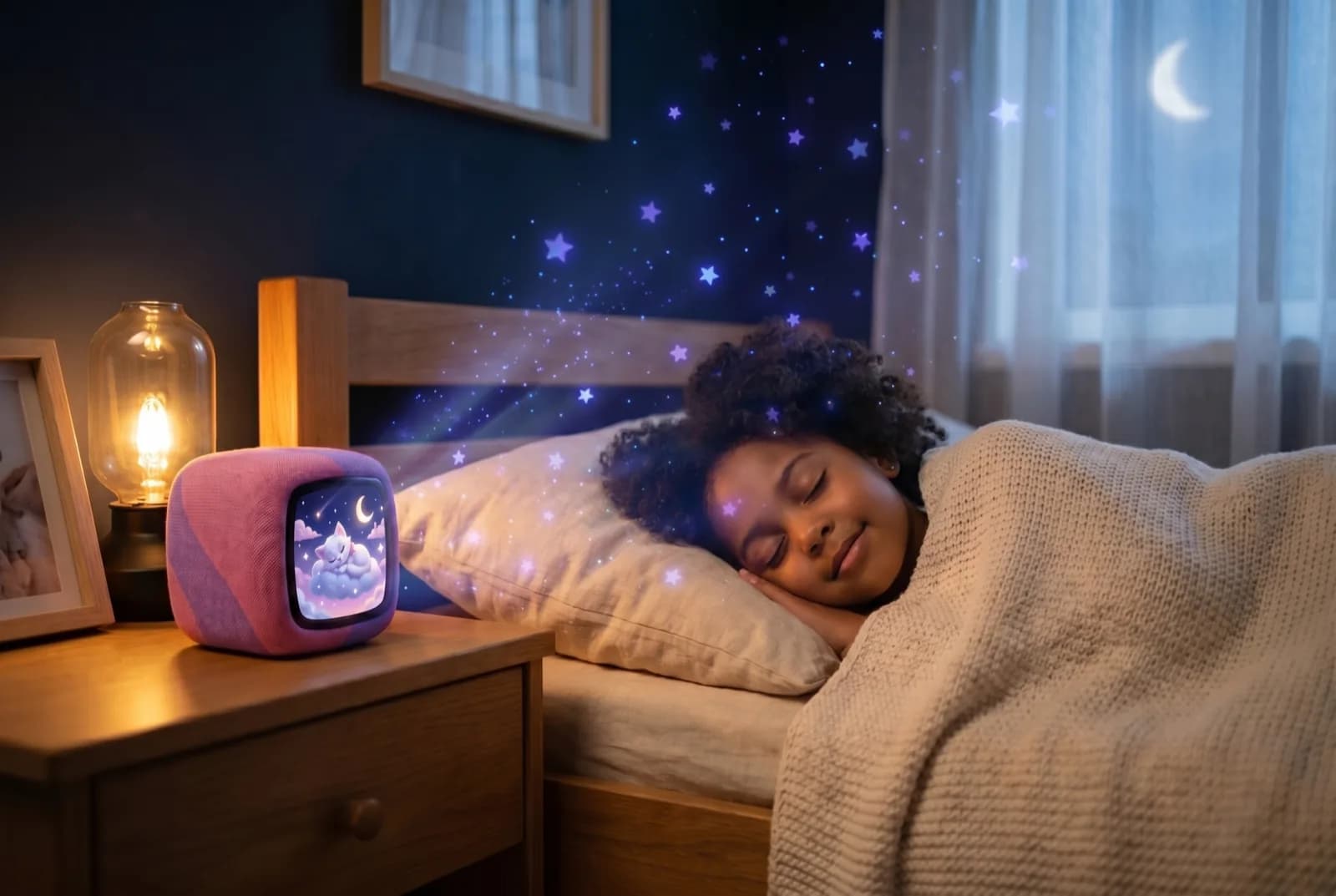 Girl with curly hair sleeping under a knit blanket, a pink-purple Sparky cube on the bedside table next to a warm Edison lamp